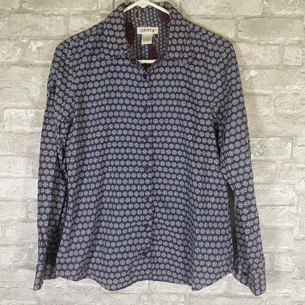 Orvis blue country western boho geometric floral button down shirt sz small